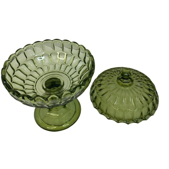 Rare Large Vintage 60s Green Fenton Glass Dish Pedestal Facet Covered 6975 - Picture 5 of 13